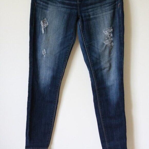 Women's Express Jeans Mid Rise Cropped Legging Dark Wash Size 6 Distressed - Picture 3 of 5